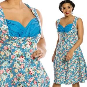 Lindy Bop Ophelia Dress Floral Print Vintage Inspired Retro Fit & Flare Blue 3XL